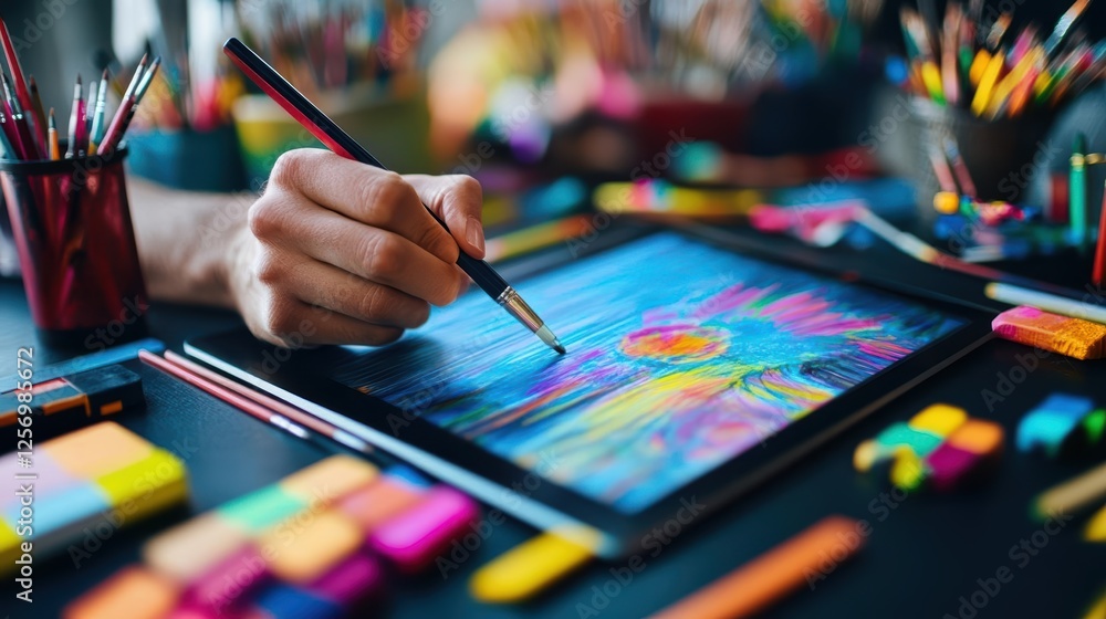 Leinwandbilder person using a tablet with a pencil to create digital artwork in a bright creative workspace