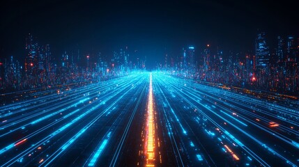 Futuristic city highway, data streams, night, digital landscape, tech background