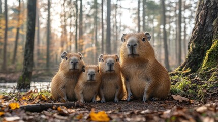 A family of capybaras standing together in a serene forest during autumn with fallen leaves