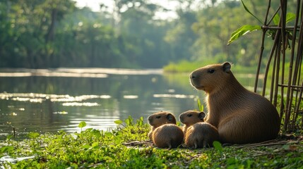 A serene scene of a capybara family resting by a tranquil riverbank in a lush green environment