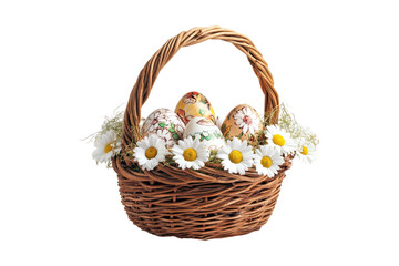 Easter basket with decorative eggs and white daisies isolated on white or transparent, PNG