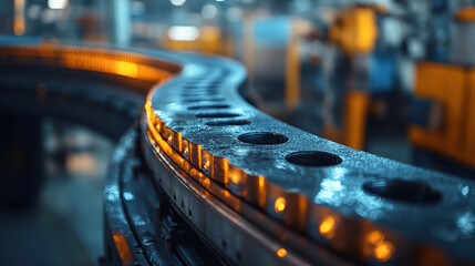 Metal products being bent on a bending machine, symbolizing precision and industrial transformation. A factory setting with a blurred modern background representing innovation and progress in manufact