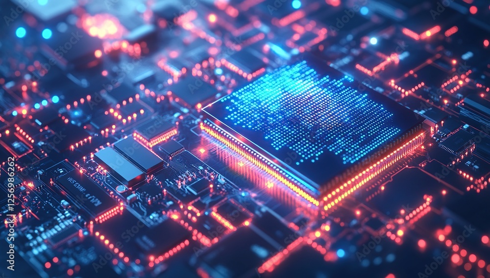 Poster exploring advanced microchip technology: a deep dive into circuitry, processing power, and future in