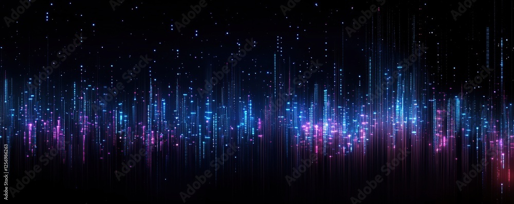 Poster digital rain: neon cityscape glows with vivid lights, abstract data streams flowing dynamically in t