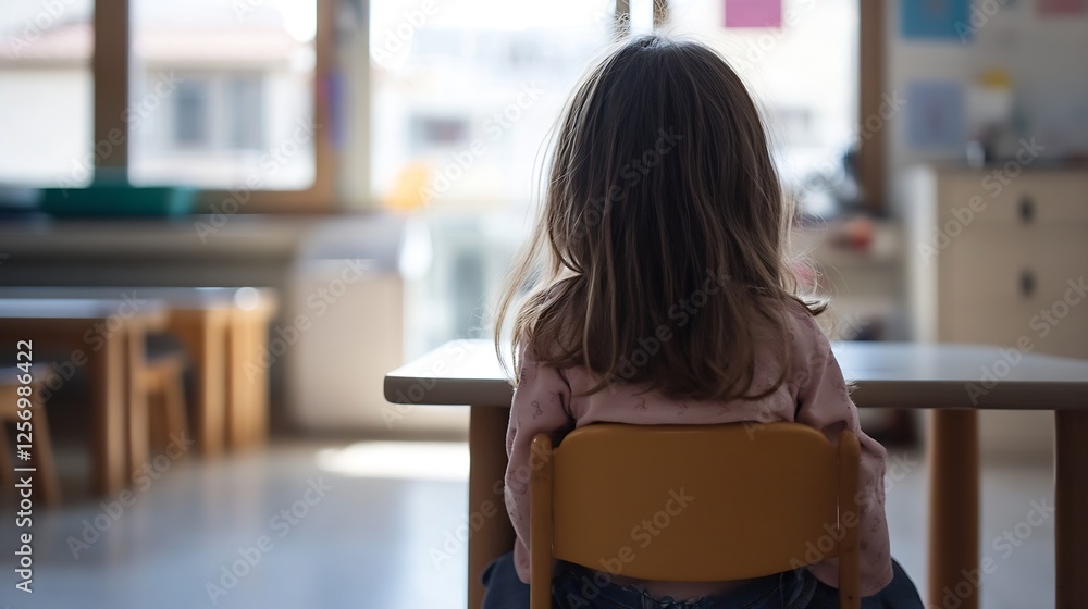 Poster young child sitting at a wooden table in a classroom looking out the window lost in thought : genera