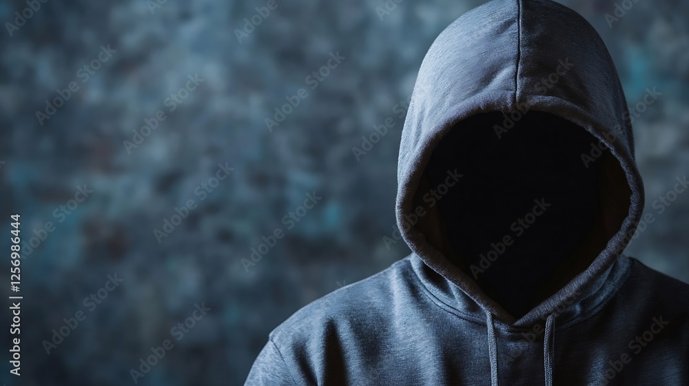 Poster mysterious figure wearing a grey hoodie with an obscured face against a blurred background : generat