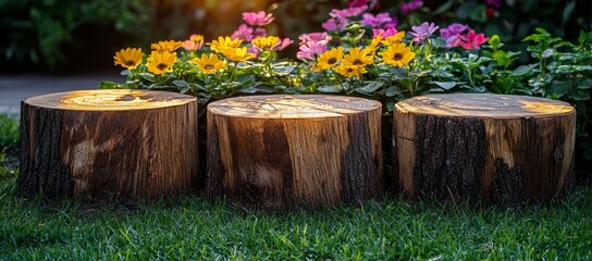 Garden wood stumps, flowers, sunset. Peaceful outdoor scene