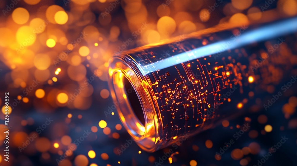 Poster Futuristic glowing electronic cylinder is transmitting data with bokeh lights in the background