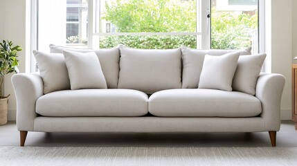 Stylish and Modern Living Room with a Cozy Light Gray Sofa Arranged in a Bright Comfortable Setting : Generative AI