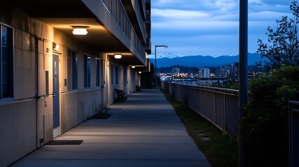 Quiet Residential Walkway at Dusk with Soft Lighting and Scenic Background : Generative AI