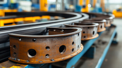 Metal products being bent on a bending machine, symbolizing precision and industrial transformation. A factory setting with a blurred modern background representing innovation and progress in manufact