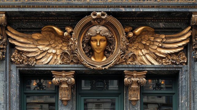 Gilded angel facade detail, Parisian building