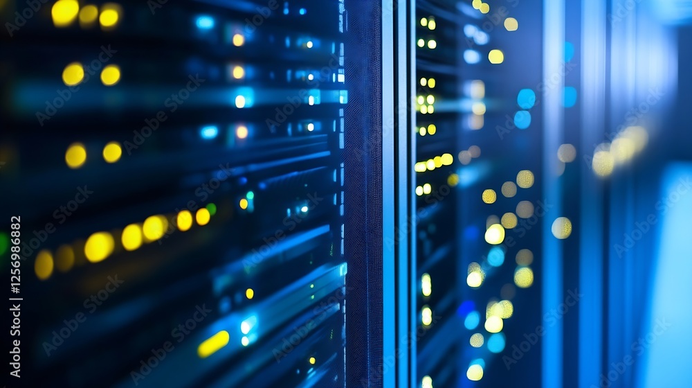 Aufkleber State of the art server room with neon lights highlighting the modern computer servers and data storage : Generative AI