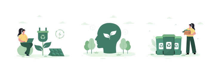 CO2 neutrality. Recycling illustrations set. Reduce, reuse, recycle and zero waste concept. Low carbon and environmental responsibility. Vector in flat cartoon style.