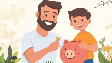 Father and Son Saving Money Together with a Piggy Bank Illustration