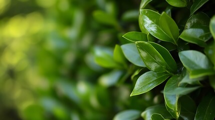 Lush greenery of vibrant leaves shining in warm sunlight creating a serene nature background : Generative AI