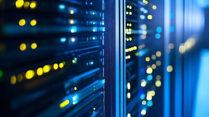 State of the art server room with neon lights highlighting the modern computer servers and data storage : Generative AI