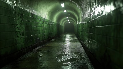 Dark, wet urban tunnel, mysterious ambiance, background light