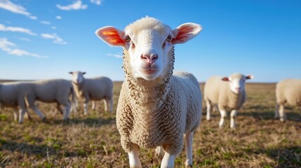 Obraz premium Curious Sheep Gazing at the Camera in a Sunny Pasture Under Blue Sky : Generative AI