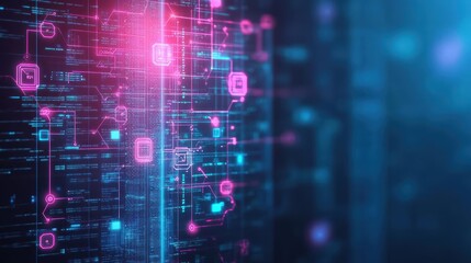 Fototapeta premium A digital ledger with encrypted blockchain transactions, high-tech, glowing holographic UI, Digital Art, copy space for text