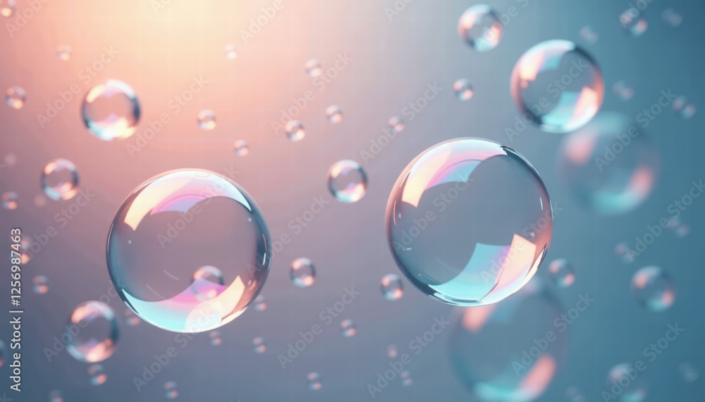 Poster delicate soap bubbles floating in soft light