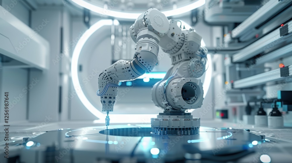 Poster robotic arm assembling components in high-tech automated factory with ultra-clean minimalistic desig