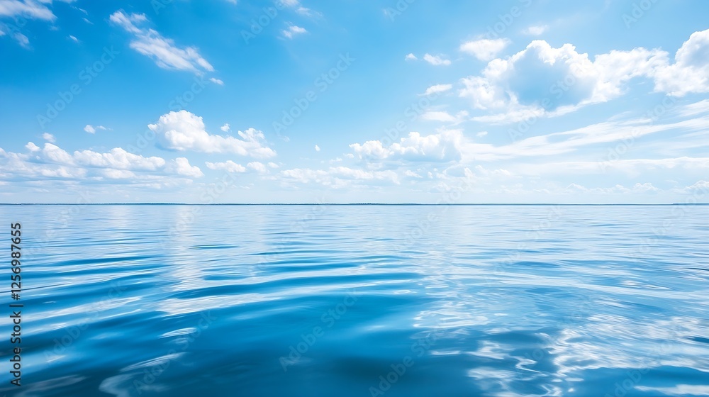 Poster serene panoramic view of calm waters under a beautifully clear blue sky adorned with fluffy clouds :