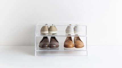 Clear shoe storage, organized footwear, modern design, minimalist display