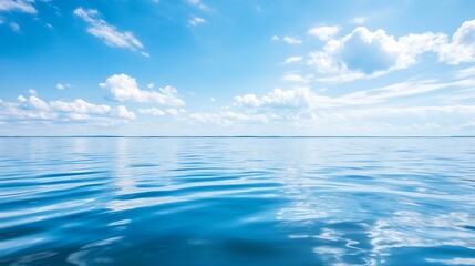 Serene panoramic view of calm waters under a beautifully clear blue sky adorned with fluffy clouds : Generative AI