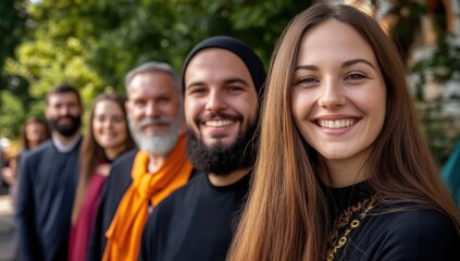 Cultural harmony: diverse figures, spiritual unity, smiling faces, global connection, interfaith respect, inclusive representation, human solidarity, shared values, multicultural community.