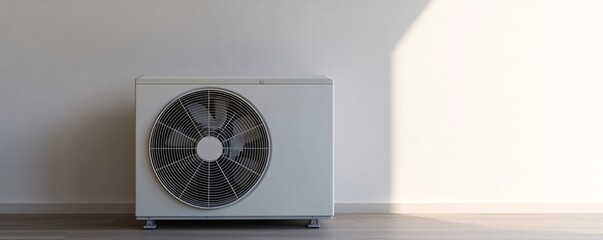 Modern air conditioner unit standing on the wooden floor of a bright room, sunlight casting shadows on the wall
