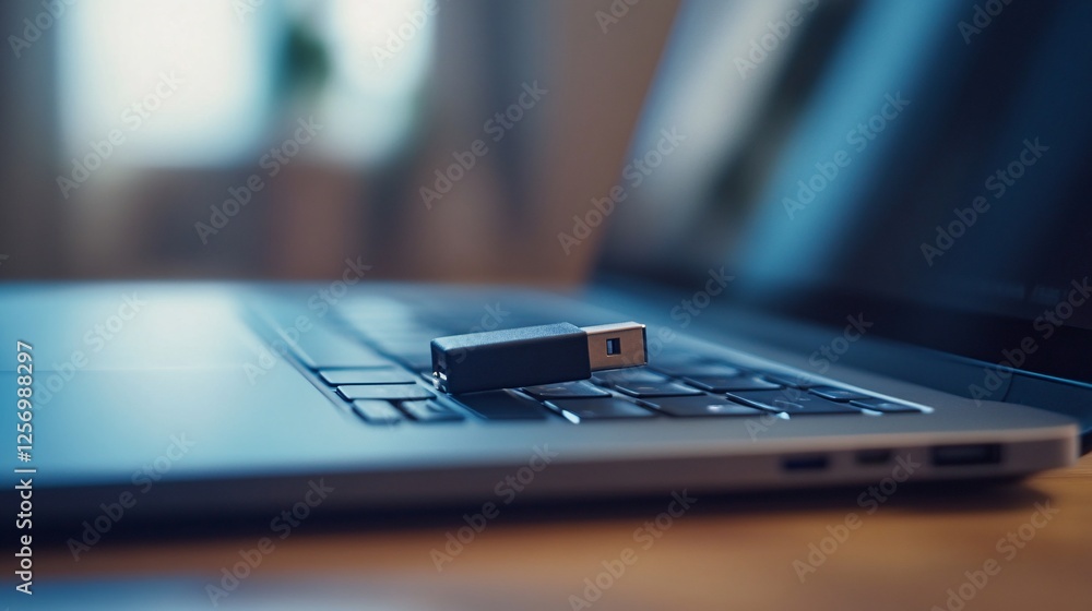 Aufkleber Laptop computer keyboard with a black usb flash drive inserted, prepared for data transfer