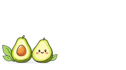 Cute cartoon avocados with smiling faces and leaves on a plain white background