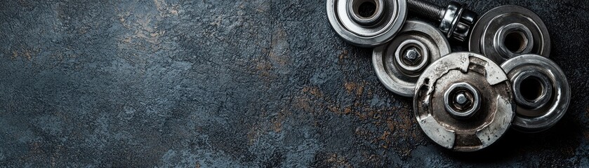 Obraz premium Metal parts on dark surface; industrial background; mechanical engineering; website banner