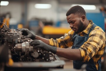A young mechanic learns to repair an engine in a vocational school. Grease-stained hands, Generative AI