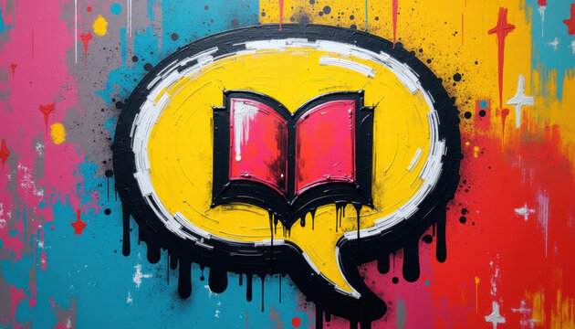 Colorful Graffiti-Style Speech Bubble with Book Icon