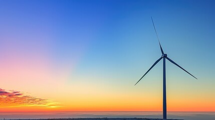 Fototapeta premium Large wind turbine standing against a vibrant sunset sky with hues of blue, orange, and pink. Renewable energy source symbolizing clean technology sustainability in a serene landscape.