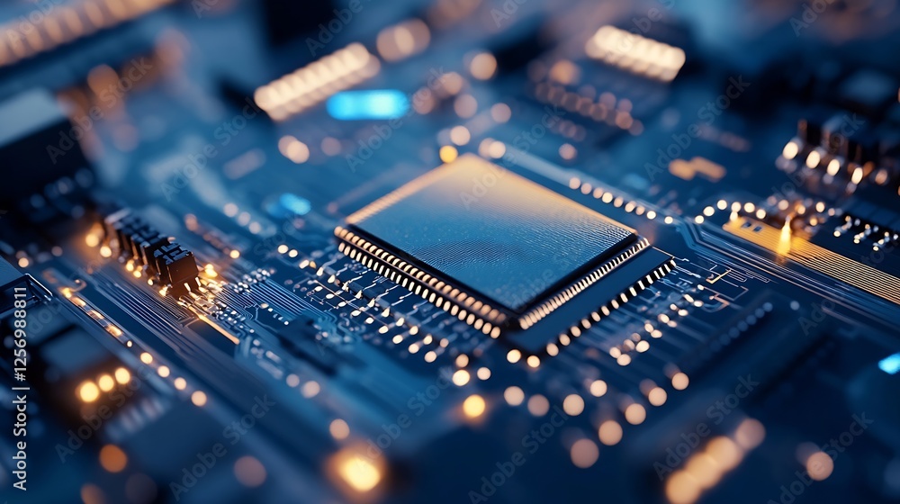 Poster Closeup view of circuit board showcasing microchip and electronic components reflecting advanced technology : Generative AI