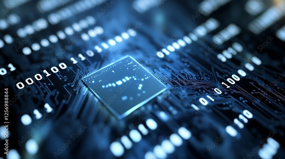 Aufkleber Detailed view of a microchip on a circuit board with binary code representing modern technology and data processing : Generative AI