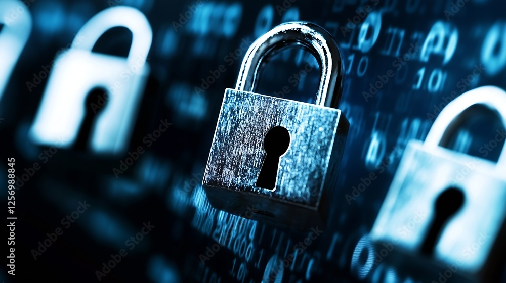 Poster Close up of steel padlocks against a blue digital background representing security and protection of data : Generative AI