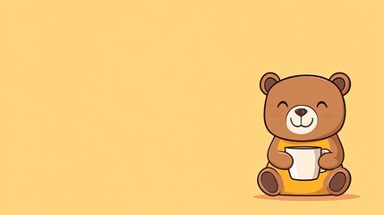 Cute cartoon bear holding a cup, smiling joyfully against a soft yellow background