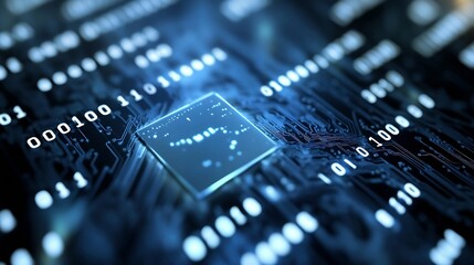 Detailed view of a microchip on a circuit board with binary code representing modern technology and data processing : Generative AI