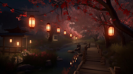 Tranquil Nighttime Cherry Blossom Festival with Lanterns and Wooden Bridge