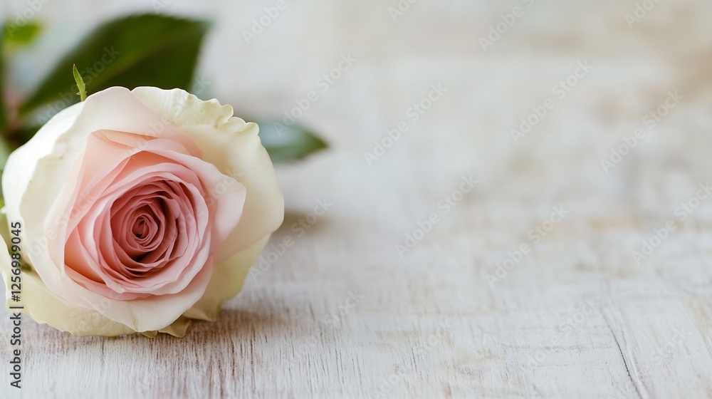 Poster Beautiful soft pink rose lying elegantly on a rustic wooden surface with natural light and shadows : Generative AI