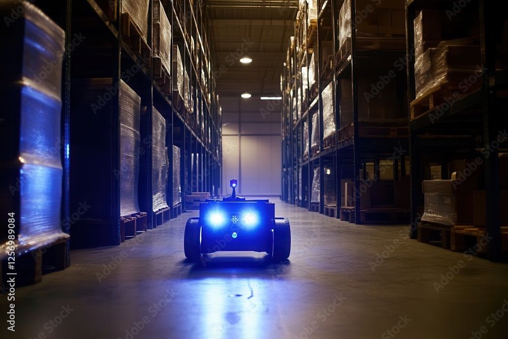 Poster autonomous robots efficiently navigating a vast warehouse space with precision . a car navigates thr