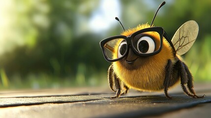 A cheerful cartoon bee wearing glasses stands on a wooden surface with a lush green background