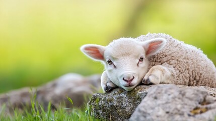 Obraz premium Adorable fluffy lamb resting peacefully on a sunny rock surrounded by lush greenery in springtime : Generative AI