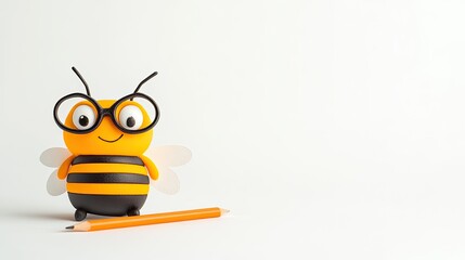 Cheerful cartoon bee character with glasses and a pencil on a clean white background