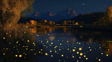 Enchanting Night Fireflies Dancing on a Calm Lake Under a Starry Sky