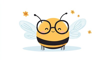 Cute cartoon bee wearing glasses, smiling with flowers in the background, perfect for children's designs